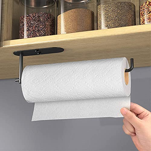 HUFEEOH Adhesive Paper Towel Holder Under Cabinet Wall Mount for Kitchen Paper Towel, Paper Towel Roll Rack for Bathroom Towel, SUS304 Stainless Steel (13 1/5inch, Black)