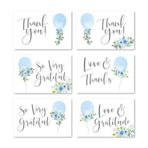 24 blue balloon baby shower thank you cards with envelopes, kids thank-you note, 4x6 gratitude card gift for guest pack for party, birthday, for girl children, cute watercolor garden event stationery