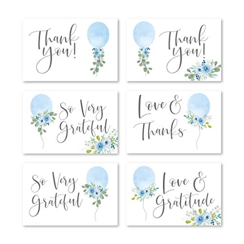 24 Blue Balloon Baby Shower Thank You Cards With Envelopes, Kids Thank-You Note, 4x6 Gratitude Card Gift For Guest Pack For Party, Birthday, For Girl Children, Cute Watercolor Garden Event Stationery