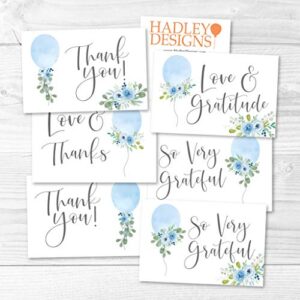 24 Blue Balloon Baby Shower Thank You Cards With Envelopes, Kids Thank-You Note, 4x6 Gratitude Card Gift For Guest Pack For Party, Birthday, For Girl Children, Cute Watercolor Garden Event Stationery