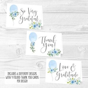 24 Blue Balloon Baby Shower Thank You Cards With Envelopes, Kids Thank-You Note, 4x6 Gratitude Card Gift For Guest Pack For Party, Birthday, For Girl Children, Cute Watercolor Garden Event Stationery