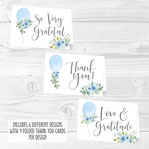 24 Blue Balloon Baby Shower Thank You Cards With Envelopes, Kids Thank-You Note, 4x6 Gratitude Card Gift For Guest Pack For Party, Birthday, For Girl Children, Cute Watercolor Garden Event Stationery