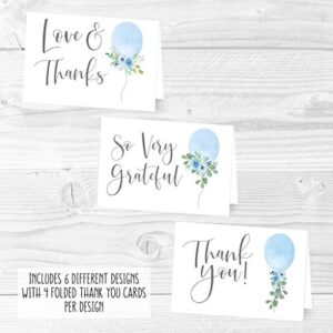 24 Blue Balloon Baby Shower Thank You Cards With Envelopes, Kids Thank-You Note, 4x6 Gratitude Card Gift For Guest Pack For Party, Birthday, For Girl Children, Cute Watercolor Garden Event Stationery