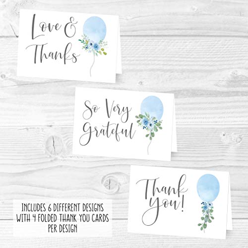 24 Blue Balloon Baby Shower Thank You Cards With Envelopes, Kids Thank-You Note, 4x6 Gratitude Card Gift For Guest Pack For Party, Birthday, For Girl Children, Cute Watercolor Garden Event Stationery