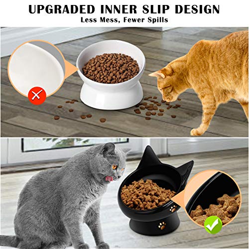 Raised Food Bowls Anti Vomiting,Tilted Elevated Ceramic Bowl for Flat-Faced Cats,Small Dogs,Protect Pet's Spine,Dishwasher Safe,Black and White, 2pcs