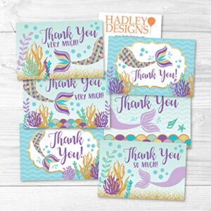 24 Mermaid Baby Shower Thank You Cards With Envelopes, Kids Thank-You Note, 4x6 Gratitude Card Gift For Guest Pack For Party, Birthday, For Boy or Girl Children, Cute Sea Pool Event Stationery