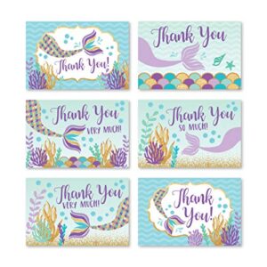 24 mermaid baby shower thank you cards with envelopes, kids thank-you note, 4x6 gratitude card gift for guest pack for party, birthday, for boy or girl children, cute sea pool event stationery