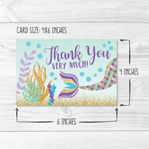 24 Mermaid Baby Shower Thank You Cards With Envelopes, Kids Thank-You Note, 4x6 Gratitude Card Gift For Guest Pack For Party, Birthday, For Boy or Girl Children, Cute Sea Pool Event Stationery