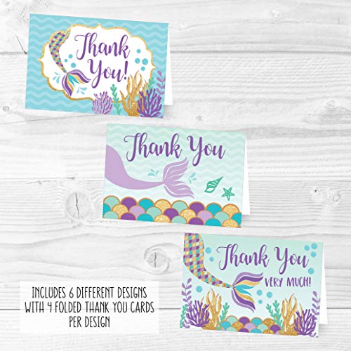 24 Mermaid Baby Shower Thank You Cards With Envelopes, Kids Thank-You Note, 4x6 Gratitude Card Gift For Guest Pack For Party, Birthday, For Boy or Girl Children, Cute Sea Pool Event Stationery