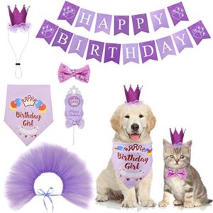 cozifree dog birthday bandana girl boy 6pcs birthday party supplies - tutu skirt crown hat scarf tie happy birthday banner cake topper decorations birthday outfit for pet puppy cat purple