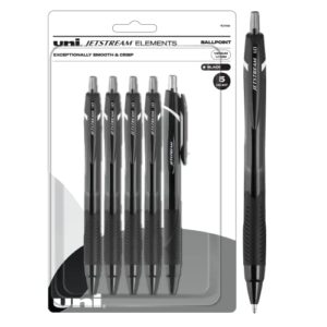 uni-ball jetstream elements retractable ballpoint pen 5 pack in black with 1.0mm medium point pen tips, uni-super ink is smooth, vibrant, and protects against water, fading, and fraud