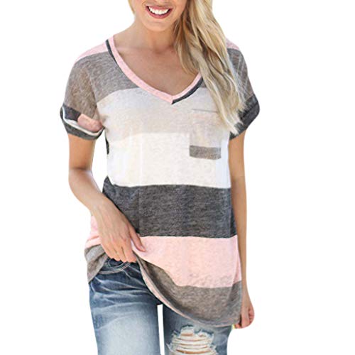 Women's Tunic Tops V-Neck Color Block Short Sleeve T-Shirt Stripe Print Pocket Blouse Gray