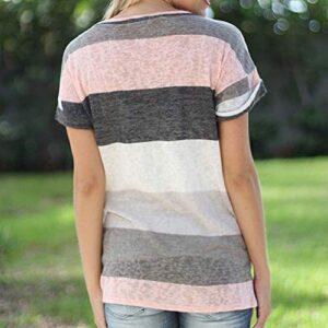 Women's Tunic Tops V-Neck Color Block Short Sleeve T-Shirt Stripe Print Pocket Blouse Gray