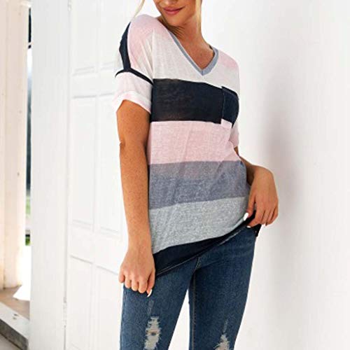 Women's Tunic Tops V-Neck Color Block Short Sleeve T-Shirt Stripe Print Pocket Blouse Gray