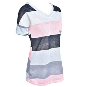 Women's Tunic Tops V-Neck Color Block Short Sleeve T-Shirt Stripe Print Pocket Blouse Gray