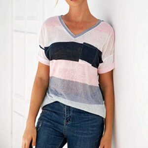 Women's Tunic Tops V-Neck Color Block Short Sleeve T-Shirt Stripe Print Pocket Blouse Gray