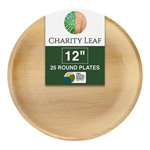 charity leaf disposable palm leaf 12" round plates (25 pieces) bamboo like serving platters, disposable boards, eco-friendly dinnerware for weddings, catering, events