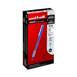 uni-ball vision rollerball pens fine point ultra-micro tip, 0.38mm, blue, 12 pack