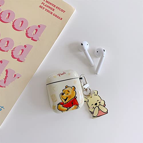 Soft TPU Case with Charm and Keychain for Apple AirPods 1 2 1st 2nd Generation Model Yellow Winnie The Pooh Bear Laugh Cute Lovely Adorable Kawaii Girls Kids Boys