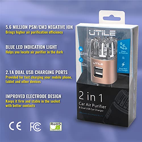 UTILE Car Ionizer Purifier with Dual USB Charger – Ionic Air Freshener for Odor Removal | 2.1A/0.8W USB Charging for Phone, Tablet and Other Devices (Copper, Pack of 1)