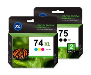 inkjetsclub remanufactured ink cartridge replacement for 3 pack - 74 & 75 high yield ink cartridge value pack. includes 2 black and 1 color compatible ink cartridges.