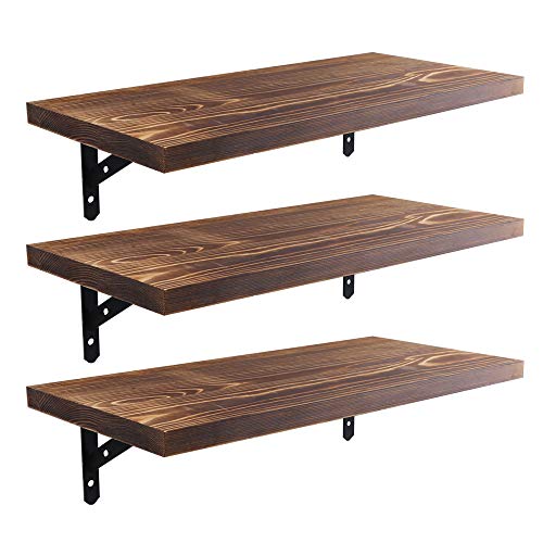 Kosiehouse Floating Shelves, Wall Mounted Rustic Pine Wood Farmhouse Shelf with Brackets Storage Rack Display Ledge Set of 3 for Bedroom Bathroom Living Room Kitchen Office