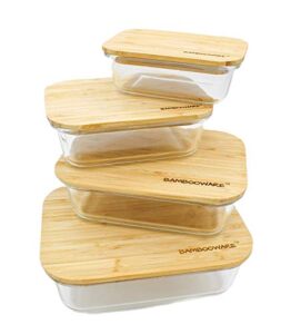bambooware glass containers with lids | non plastic glassware set - natural raw organic wooden bamboo lids | set of 4 | reusable, bpa free | perfect for meal prep, lunch, leftovers, kitchen