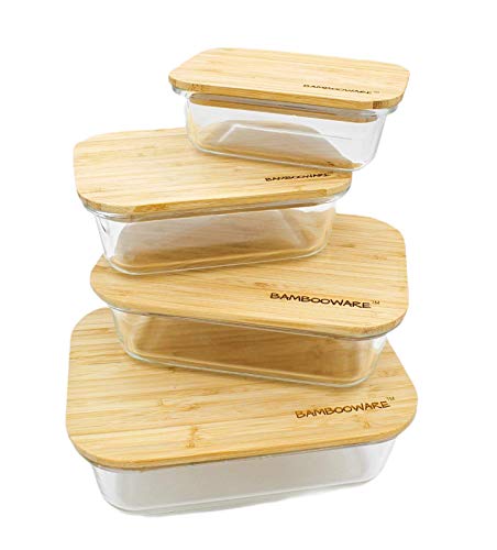 Bambooware Glass Containers with Lids | Non Plastic Glassware Set - Natural Raw Organic Wooden Bamboo Lids | Set of 4 | Reusable, BPA Free | Perfect for Meal Prep, Lunch, Leftovers, Kitchen