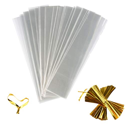 FUNNYARD Pretzel Bags 200 PCS 2.4x10 Clear Long Candy Treat Bags OPP Poly Bags Party Favor Bags for Birthday Bakery Cookies Candies Dessert with 200 PCS 4'' Twist Ties (2.4 by 10 Inch)