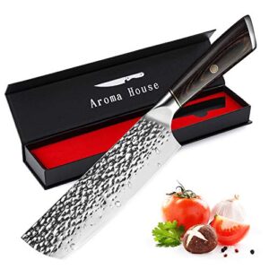 aroma house damascus nakiri knife 7", heavy duty kitchen knife for meat and vegetable, high carbon stainless steel & pakkawood handle, magnetic box, amazing gift option.