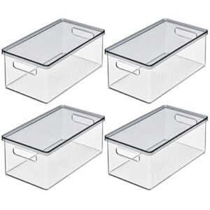 mDesign Plastic Pantry Storage Box Container with Lid and Built-In Handles - Organization for Flour, Cereal, Pasta, Rice, or Food in Kitchen Cupboard, Ligne Collection, 4 Pack, Clear/Smoke Gray