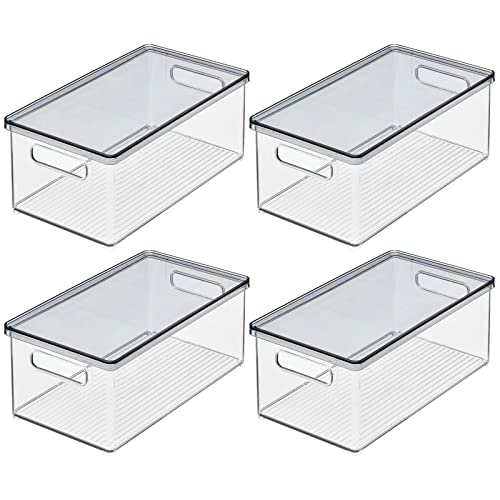 mDesign Plastic Pantry Storage Box Container with Lid and Built-In Handles - Organization for Flour, Cereal, Pasta, Rice, or Food in Kitchen Cupboard, Ligne Collection, 4 Pack, Clear/Smoke Gray