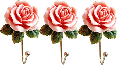 OPENDGO 3PCS Rose Resin Wall Hooks Wall Mounted Creative Flower Iron Hook for Hanging Coat/Hat/Key/Towel/Handbag Hooks/Hangers Room Wall Decor