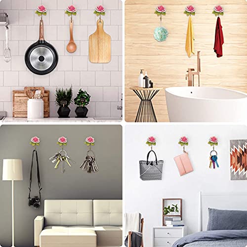 OPENDGO 3PCS Rose Resin Wall Hooks Wall Mounted Creative Flower Iron Hook for Hanging Coat/Hat/Key/Towel/Handbag Hooks/Hangers Room Wall Decor