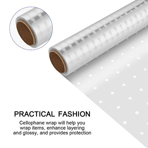 STOBOK 2 Rolls Cellophane Wrap Roll | White Polk Dot Gift Wrappings Paper Width 15.7 inches Length 100Ft 2.5 Mil Thick,Packing Paper for Flowers,Baskets,Food