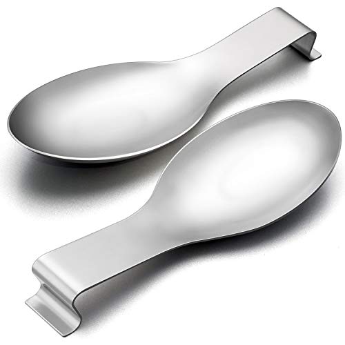 Spoon Rest Set of 2, E-far Stainless Steel Spoon Ladle Holder Spatula Rest for Kitchen Stove Top, Large Size & Dishwasher Safe