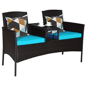 tangkula outdoor rattan loveseat, patio conversation set with cushions & table, modern patio furniture set wicker sofa set with built-in coffee table, rattan sofas for garden lawn backyard