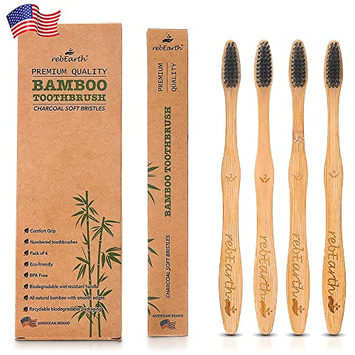 Bamboo Aesthetic Toothbrush Wood Set of 4 | Ultra Soft Bristles | Black Charcoal Infused | American Brand | Upgrade Hygiene & Reduce Waste | Brushes Teeth Care | Earth Friendly | Plant Based