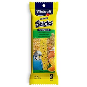 vitakraft crunch sticks variety pack: orange & apricot flavor, egg & honey flavor, sesame & banana flavor treats for parakeets, 2.4 oz