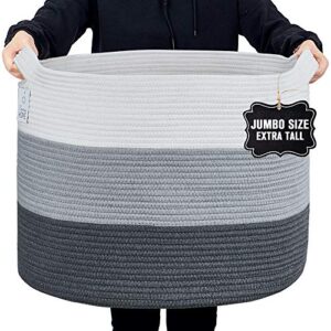 nunus home, jumbo woven cotton rope basket (22"x22"x16") blanket basket, blanket storage, large baskets for blankets, blanket basket living room, storage basket, baskets for organizing, grey 3 shades