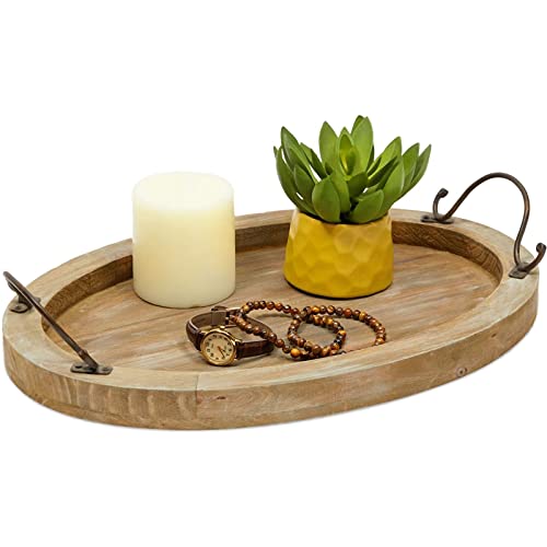 Oval Coffee Table Serving Tray, Wood Farmhouse Decor (15.75 x 10.8 x 1.25 Inches)