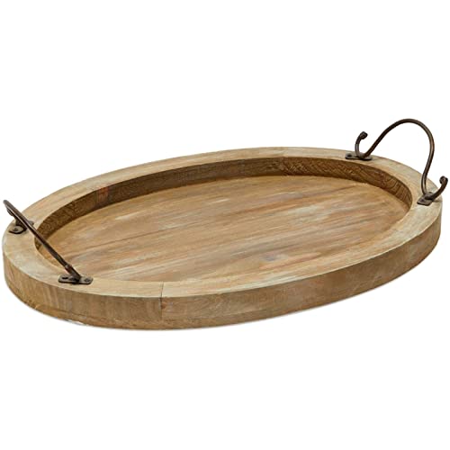 Oval Coffee Table Serving Tray, Wood Farmhouse Decor (15.75 x 10.8 x 1.25 Inches)