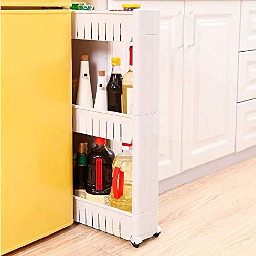 HomeRoots 3 Tier Slim Storage Cart with Wheels Mobile Shelving Unit Organizer Slide Out Storage Rolling Utility Organizer Rack for Kitchen Bathroom Laundry Narrow Places, White