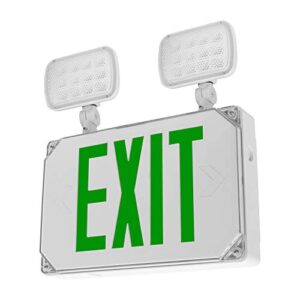 lfi lights | wet location rated combo green exit sign with emergency lights | white housing | all led | two adjustable heads | hardwired with battery backup | ul listed | wlfcombo-g