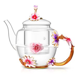 luka tech 35oz enamel glass flower teapot with removable loose tea leaf infuser tea maker,gifts for women,mom,mothers day,christmas,birthday,valentines day