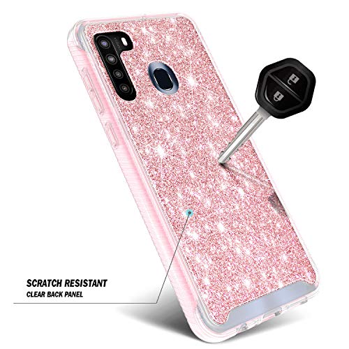 E-Began Case for Samsung Galaxy A21 with [Built-in Screen Protector], Full-Body Protective Shockproof Rugged Bumper Cover, Impact Resist Durable Case -Glitter Shiny Bling Rose Gold