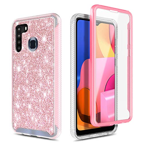 E-Began Case for Samsung Galaxy A21 with [Built-in Screen Protector], Full-Body Protective Shockproof Rugged Bumper Cover, Impact Resist Durable Case -Glitter Shiny Bling Rose Gold