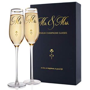 bride and groom champagne glasses (8 oz), gold print mr and mrs glasses for wedding glasses and toasting flutes, bridal shower gifts, engagement gift, comes with gift box and note card