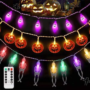 LUNSY Halloween String Lights with Remote, Battery Operated, Colorful Skeleton+ Purple Ghost+ Orange Pumpkin, 80LED, 22.74ft, 8 Modes, Indoor/Outdoor Halloween Decorations