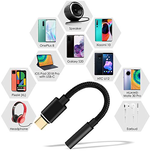 USB C to 3.5mm Audio Adapter Headphone Adapter, USB C to Aux Type C to 3.5mm DAC Headphone Jack Adapter Compatible with Samsung Galaxy S21 S20 Ultra S20+ Note 20 OnePs 7T Pixel 5/4/3